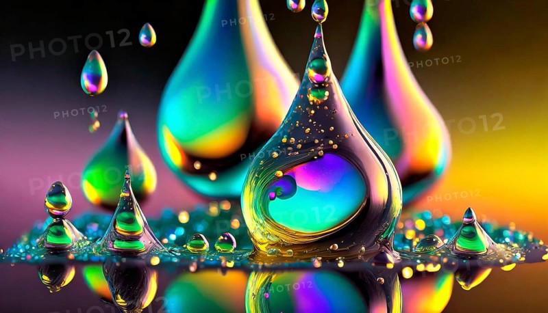 Colourful iridescent plastic drops and bubbles filled with oily liquids, 3D, digital art, AI generated, AI generated