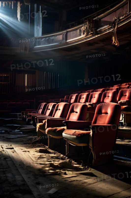 Abandoned theater with tattered seats and an empty stage, AI generated