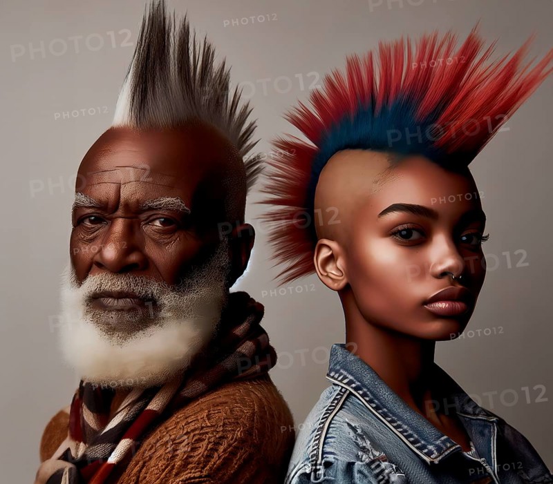 An old male and a female punk with punk hairstyle, mohawk, symbolic image youth culture, punk, rebellion, AI generated, AI generated