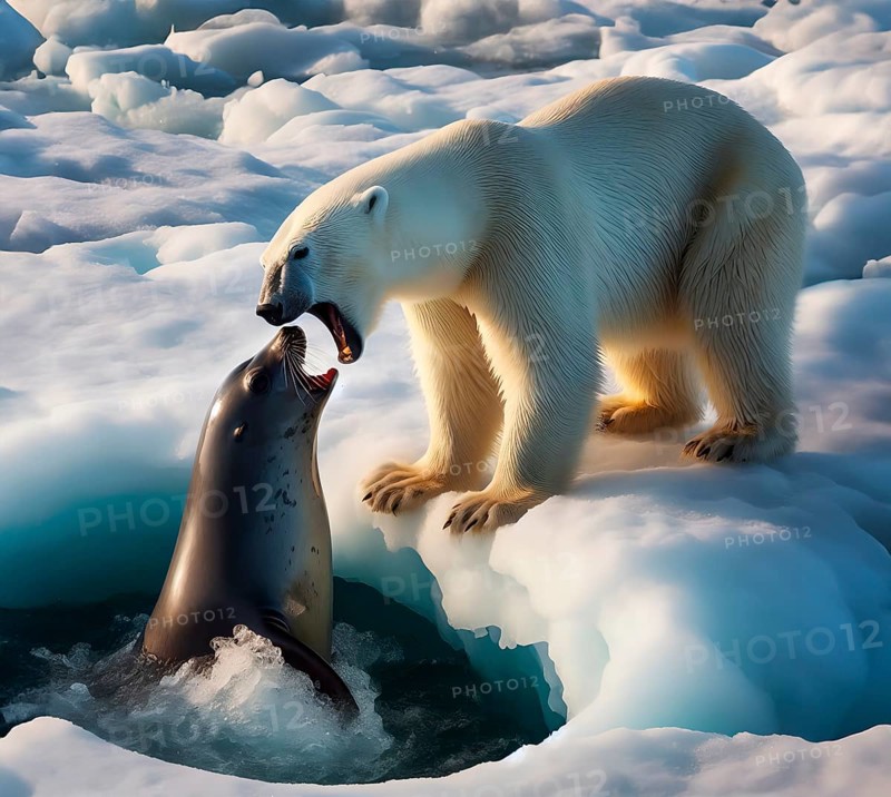 A polar bear at an ice hole hunting for a seal in the Arctic, AI generated, AI generated