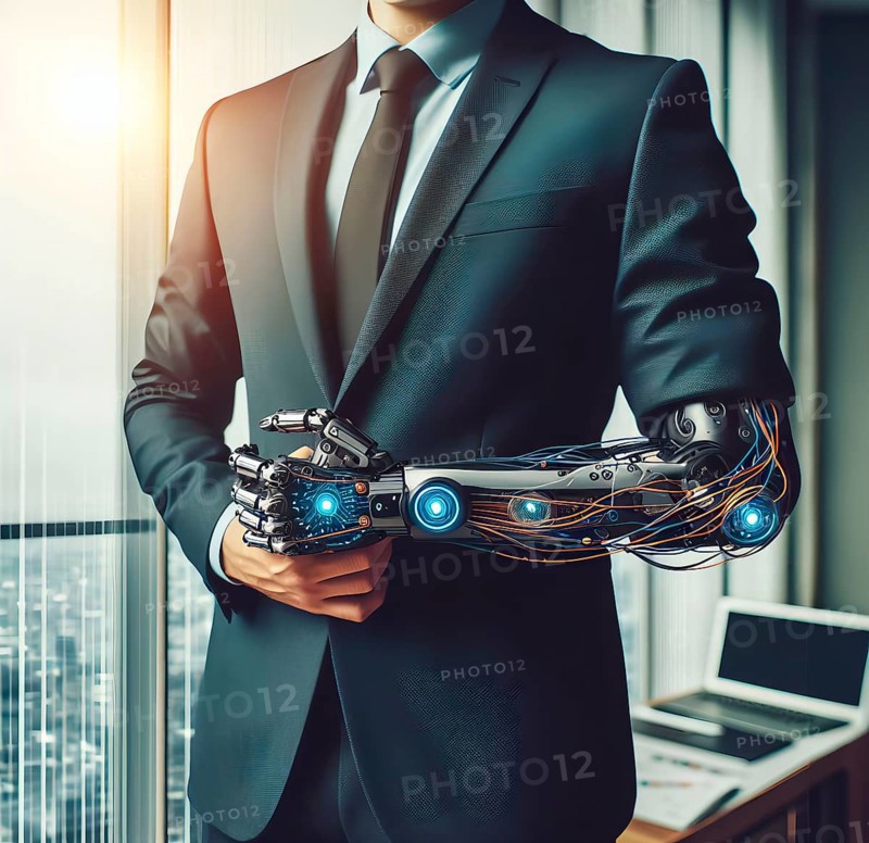 A man with a prosthetic arm, a cybernetic prosthesis, symbolic image people with disabilities, handicap, healthcare, disease, amputation, cybernetics, AI generated, AI generated