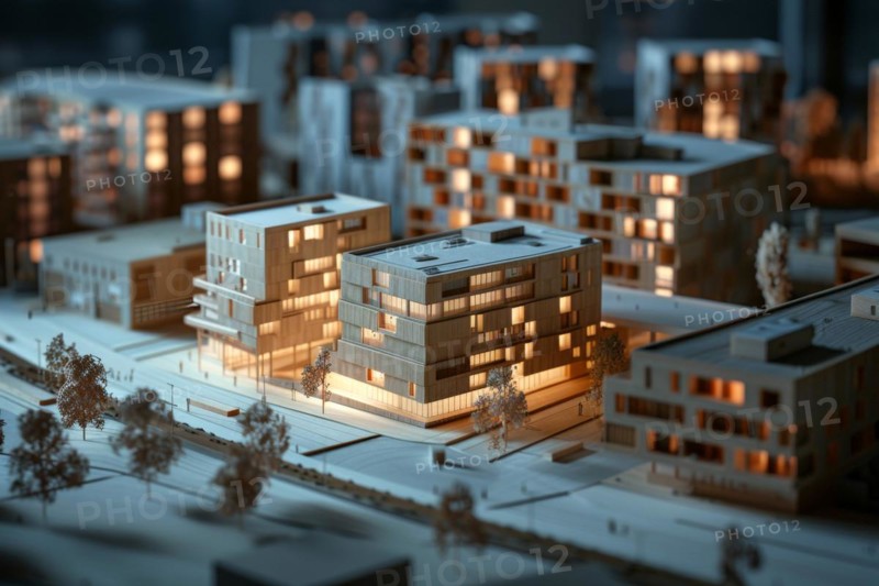 Architectural model made of wood, illuminated, model making for architecture, design, architectural design of a modern residential neighbourhood, housing estate on a body of water, new construction, modern residential buildings, AI generated, AI generated, AI generated