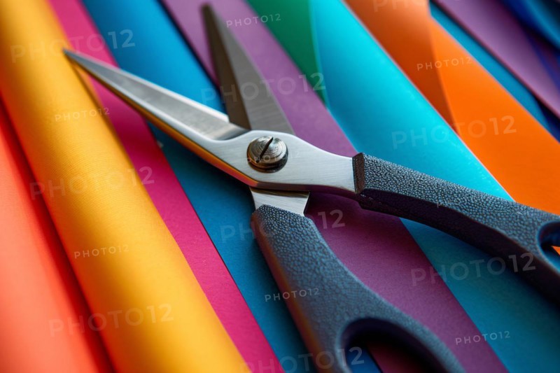 Scissors lying on colorful paper sheets. KI generiert, generiert, AI generated