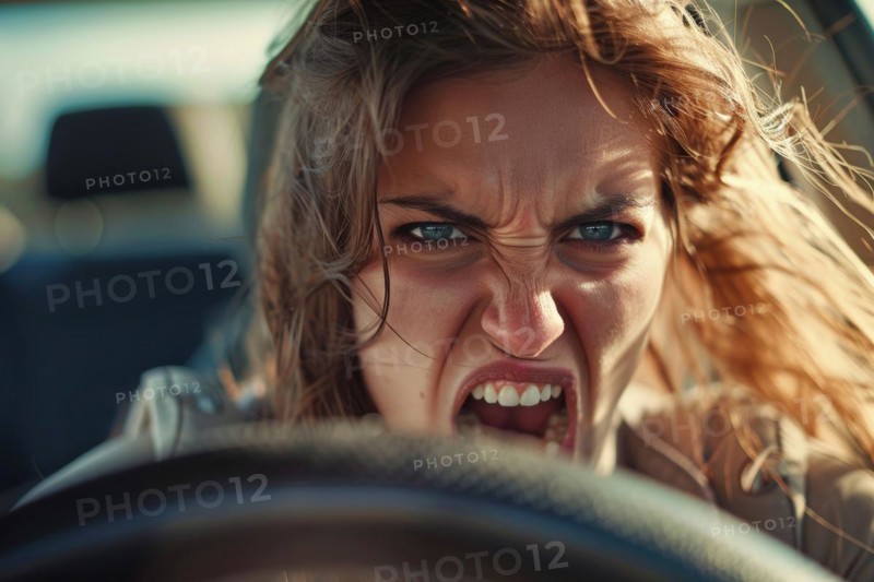 Woman sitting behind the steering wheel screaming in exasperation, symbolic image for aggressive behaviour in road traffic, AI generated, AI generated, AI generated