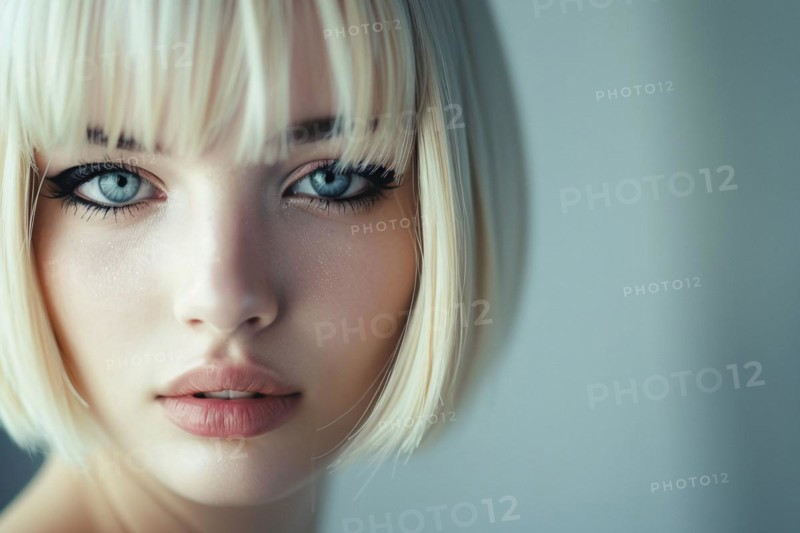 Portrait of young attractive woman with blond hair with bob hairstyle with bangs and and black eye makeup. KI generiert, generiert, AI generated