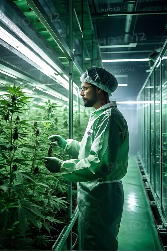 Cannabis cultivation facility in flourishing condition neatly arranged rows of vibrant green plants, AI generated