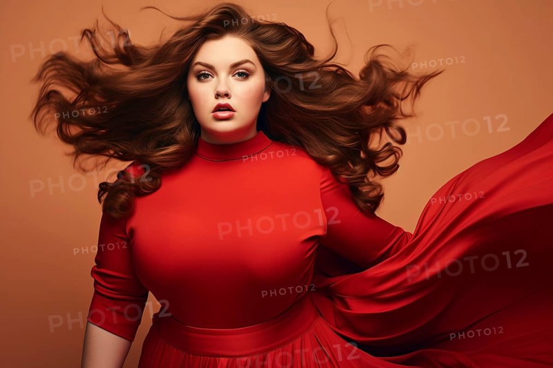 Beautiful curvy plus size woman in elegant red dress. AI generated