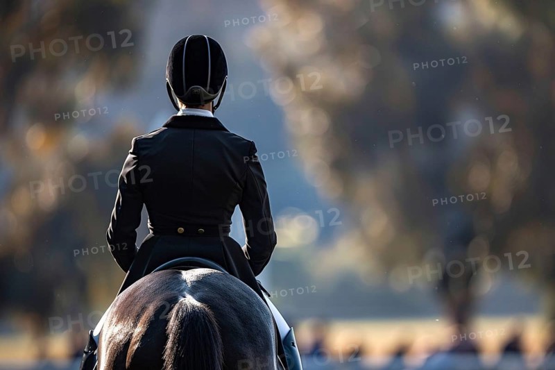Back view of person in riding horse in dressage sports competition. Generative AI, AI generated