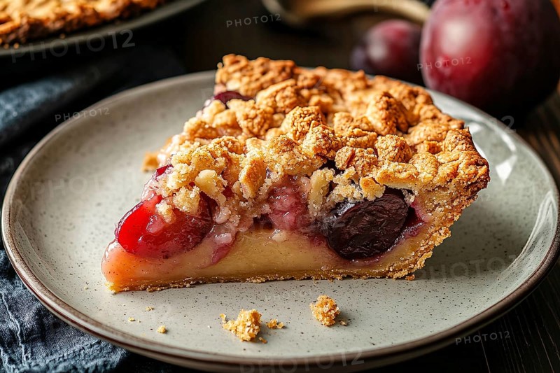 Slice of plum pie with crumbles topping on plate. Generative AI, AI generated