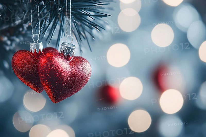 Close up of heart shaped red Christmas bauble ornaments on tree. Generative AI, AI generated