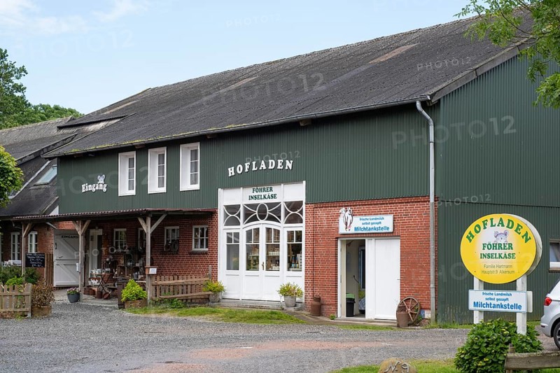 Farm shop with milk filling station and island cheese, Alkersum, Föhr, North Sea island, North Frisia, Schleswig-Holstein, Germany, Europe