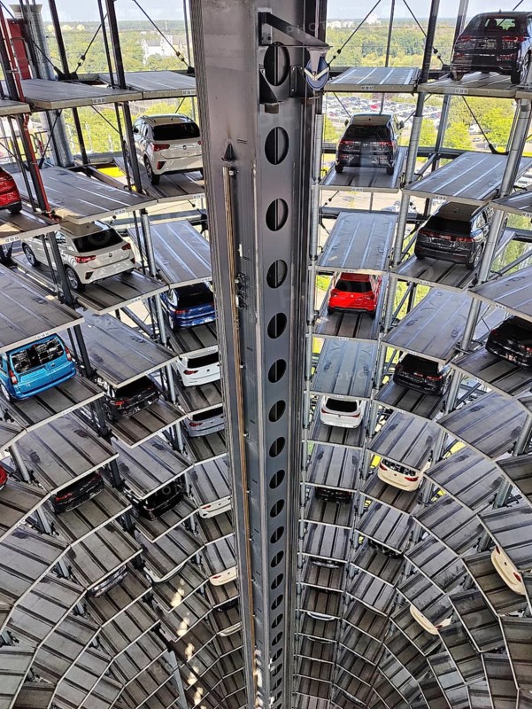 New cars for delivery in the Autoturm, interior view from top to bottom, Autostadt, Volkswagen AG, Wolfsburg, Lower Saxony, Germany, Europe