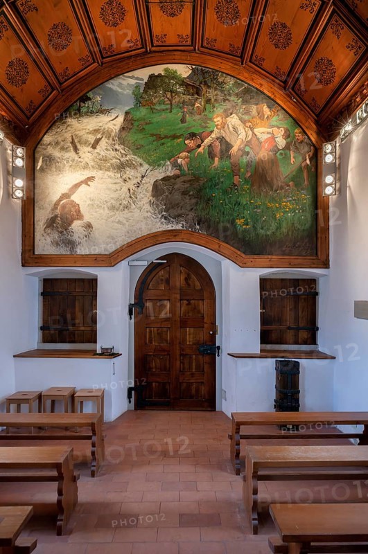 Interior view, Tell's Chapel Hohle Gasse, painting Tell's DEATH AT THE RESCUE OF A CHILD FROM THE SCHÄCHENBACH, Küssnacht am Rigi SZ, drama William Tell by Friedrich Schiller, Canton Schwyz, Switzerland, Europe