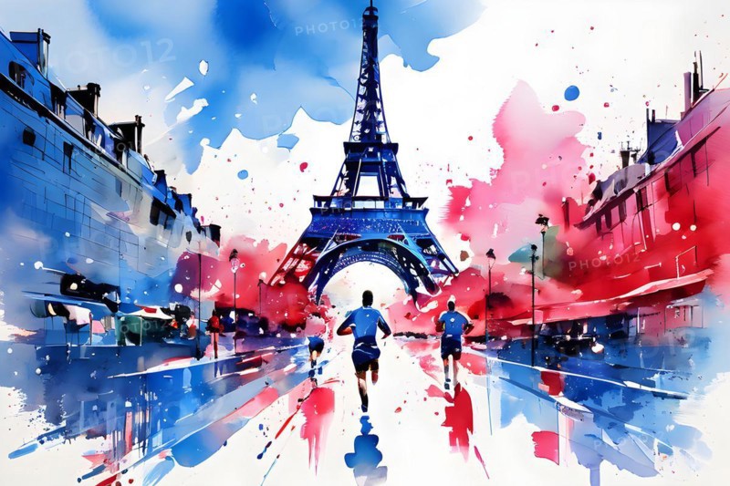 Marathon 2024 olympic runners in abstract dynamic shapes french tricolor blue white red, AI generated