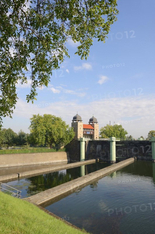 Old shaft lock and water basin, Henrichenburg boat lift, Waltrop Lock Park, Route of Industrial Heritage, North Rhine-Westphalia, Germany, Europe