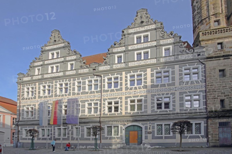 Renaissance building with sgraffiti and flags, EU flag, German state flag, Bavarian state flag, grey, white, former court chancellery, administrative court, Montegelaplatz, Ansbach, Middle Franconia, Franconia, Bavaria, Germany, Europe