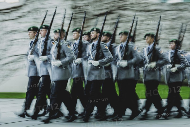 Army soldiers of the guard battalion, photographed during a reception with military honours at the Federal Chancellery in Berlin, 12.03.2024