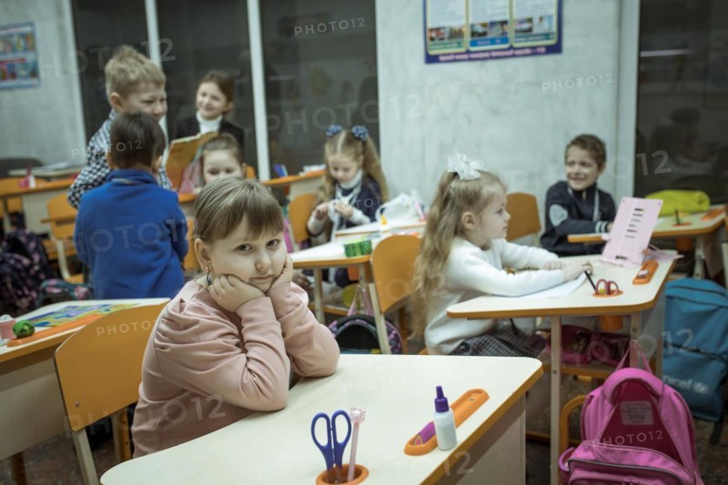 Pupils in a classroom in one of the metro schools in Kharkiv. Classrooms were set up in various metro stations in the city in order to keep classes running even during an air raid, Metro Universytet, Kharkiv, Ukraine, Europe