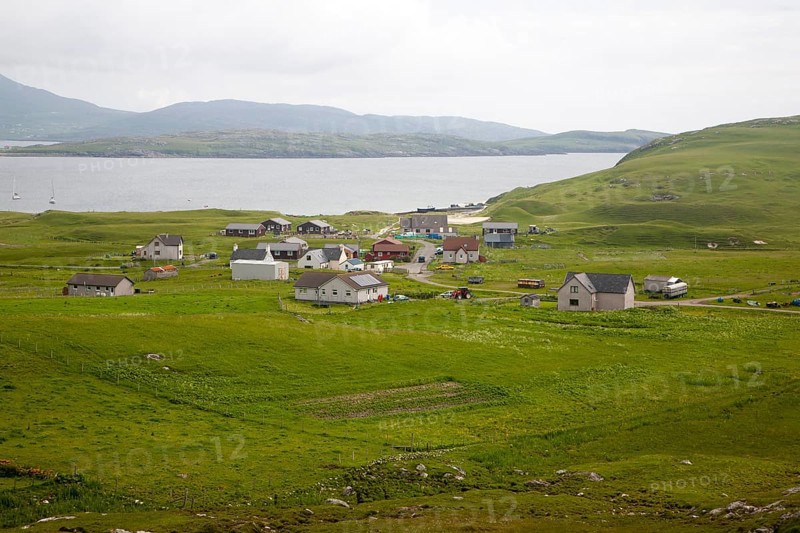 Houses in the crofting settlement village of Bhatarsaigh, Vatersay, Barra, Outer Hebrides, Scotland, UK