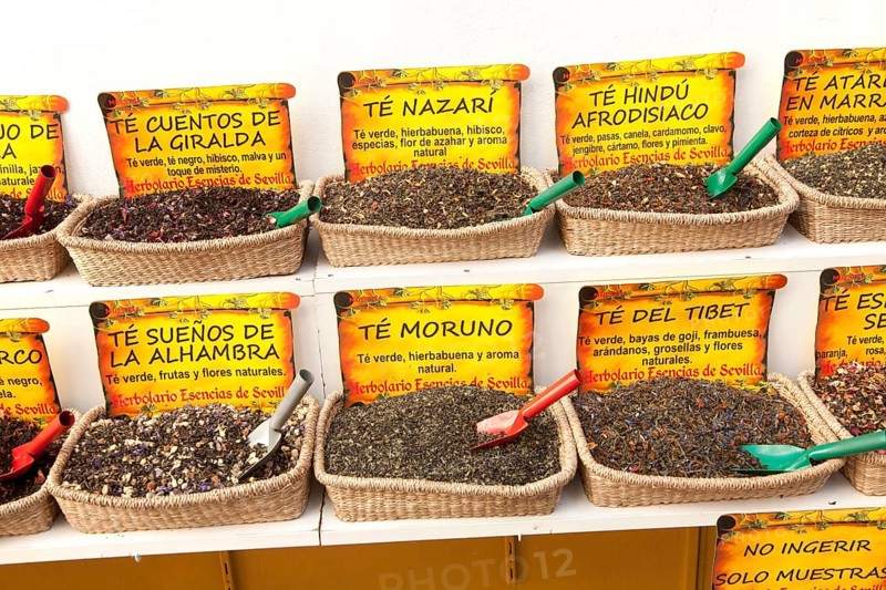 Close up display of various types of herbal tea, Seville, Spain, Europe