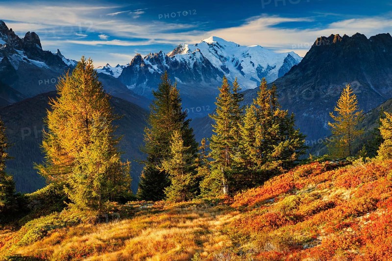 View of the Aiguille Verte and Mont Blanc in the first morning light in the Savoy, France, Europe
