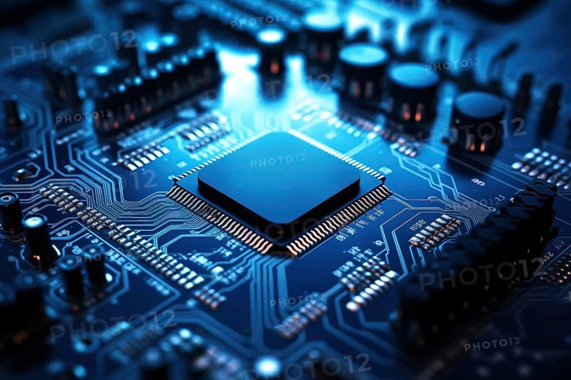 Close-up image of a blue circuit board with a central microchip processor CPU with various electronic components and connections. Technology, computer hardware, and manufacturing industries, AI generated