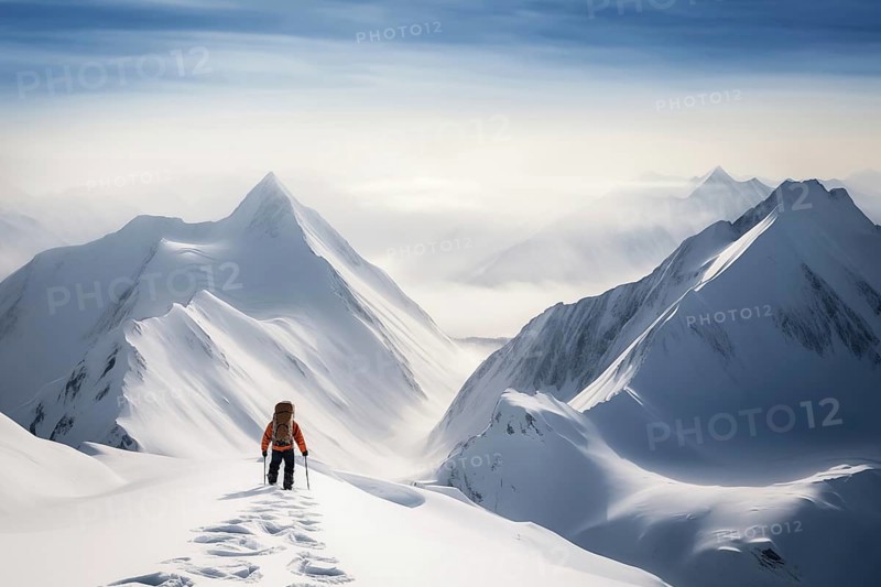 A mountaineer in mountains approaching a majestic snowy mountain peak amidst a snowfall and snow storm. Solitude and determination, adventure and challenge of climbing in extreme conditions A mountaineer in mountains approaching a majestic snowy mountain peak amidst a snowfall and snow storm. Solitude and determination, adventure and challenge of climbing in extreme conditions, AI generated