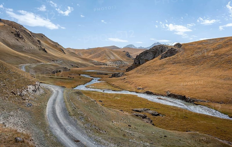 Road, track between hills with yellow grass, Kol Suu river winds through a mountain valley, Naryn province, Kyrgyzstan, Asia