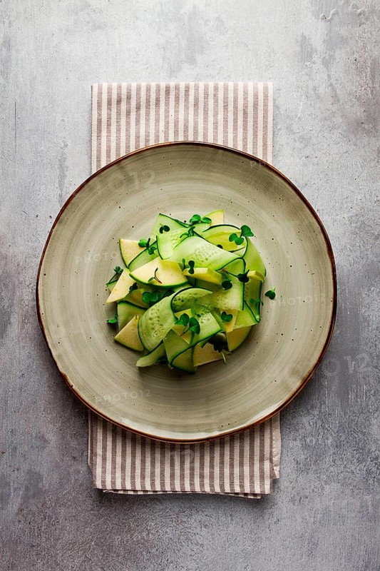 Spring, green salad, cucumber with apple, top view, close-up, no people, microselen radish, healthy eating, spring salad, georgian salad, gazaphuli