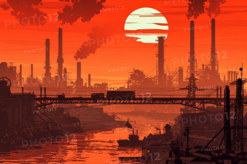Illustration, graphic of an industrial landscape with bridges over a river, smoking chimneys at sunset, symbolic image for environmental pollution, AI generated, AI generated, AI generated