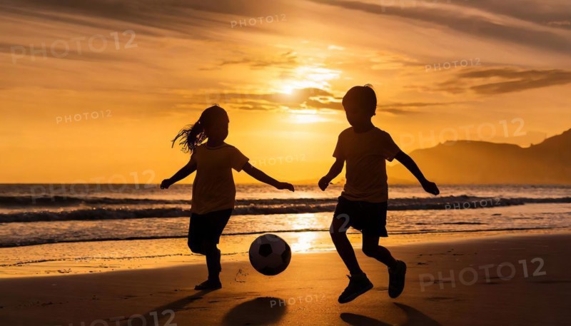 Active children playing soccer football on a beach. Brother and sister, family sport fun, AI generated