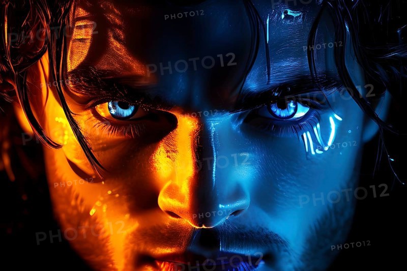 Portrait of a male with orange neon light, AI generated