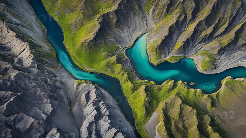 Aerial view perpendicular top down of an abstract colorful river along the coastline, AI generated