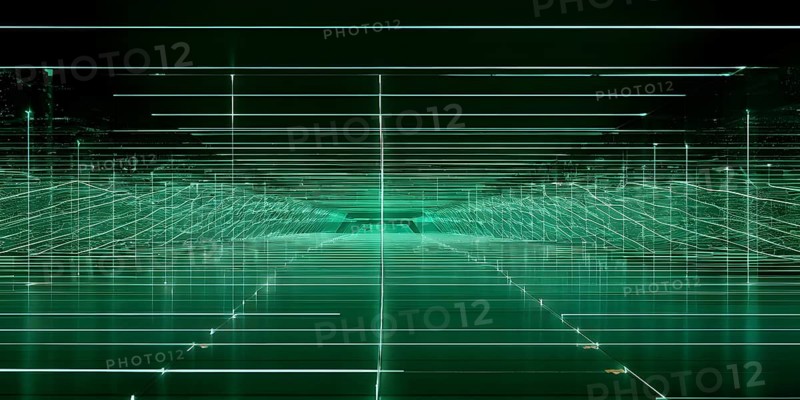 Abstract geometric pattern tunnel structure embodying data streams and communication in green hues, AI generated