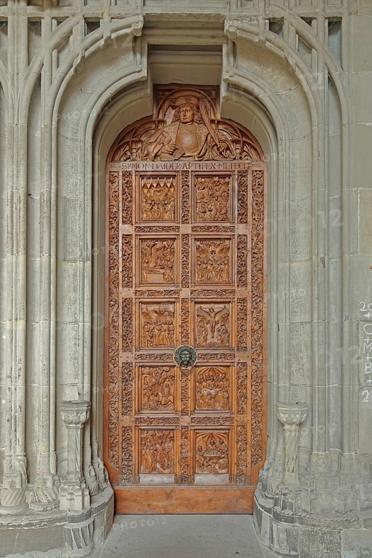 Portal with wooden door and wood carving, Minster of Our Lady, church door, arts and crafts, decorations, Constance, Obersee, Lake Constance, Lake Constance region, Baden-Württemberg, Germany, Europe