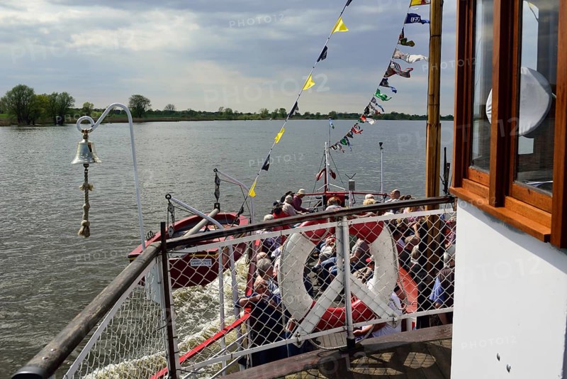 Europe, Germany, Schleswig-Holstein, Hamburg Metropolitan Region, Elbe, paddle steamer Kaiser Wilhelm, built in Dresden in 1899/ 1900, on the Elbe near Lauenburg, lifeboat, lifebuoy, Hamburg, Hamburg, Federal Republic of Germany, Europe