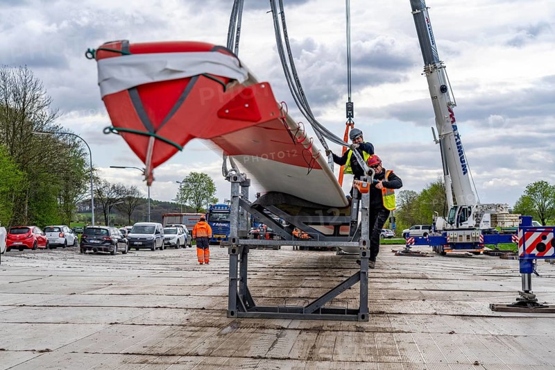 Preparation for the transport of a 68 metre long blade, a wind turbine, with a self-propelled Blade-Lifter vehicle, over a 40 km long route in the Bergisches Land, through towns, villages, over country roads, narrow through roads, to the construction site of the wind turbine near Hagen, North Rhine-Westphalia, Germany, Europe