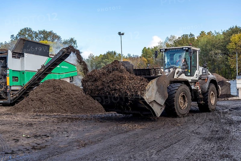 Composting plant, organic waste is composted, sorted by size, smaller parts are reused as compost, coarser parts are burnt in a biomass power plant and converted into electricity, Coesfeld, North Rhine-Westphalia, Germany, Europe