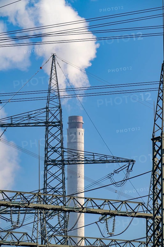 380 kV system, switchgear, from transmission system operator Amprion, in the Emscherbruch in Herten, chimney of the STEAG combined heat and power plant in Herne, North Rhine-Westphalia, Germany, Europe