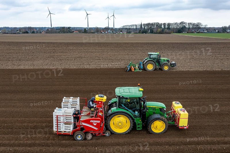 Early potatoes are laid in the soil of the field with a planting machine, tractor with roundabout harrow prepares the soil, agriculture, spring