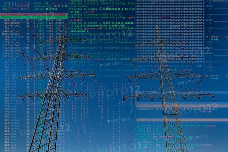 Symbolic image of critical infrastructure, blackout risk, cyberterrorism, high-voltage pylons of 380 KV and 110 KV high-voltage lines, in Herne city border to Gelsenkirchen, critical infrastructure