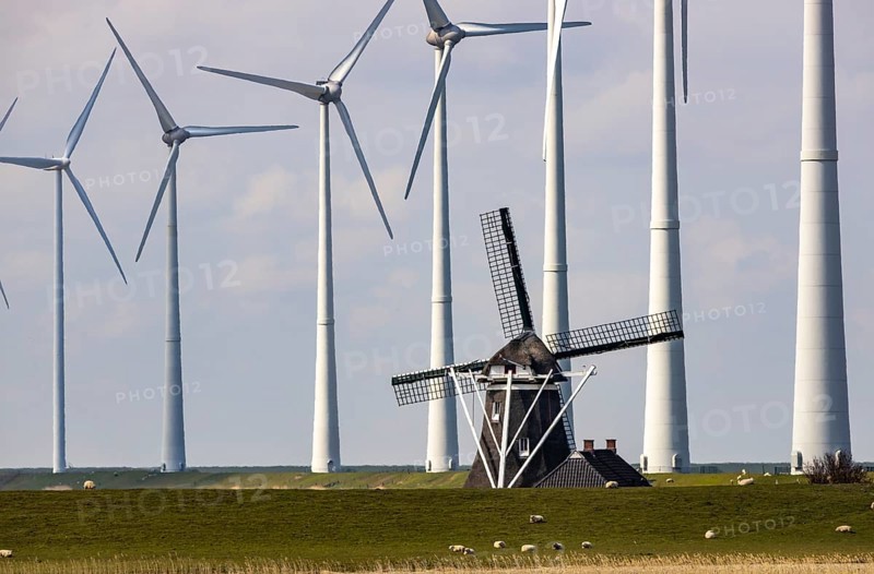 Westereems and Growind wind farms, over 80 wind turbines in total, at the Eemshaven seaport, province of Groningen, in the north-west of the Netherlands, historic Goliath windmill from 1897