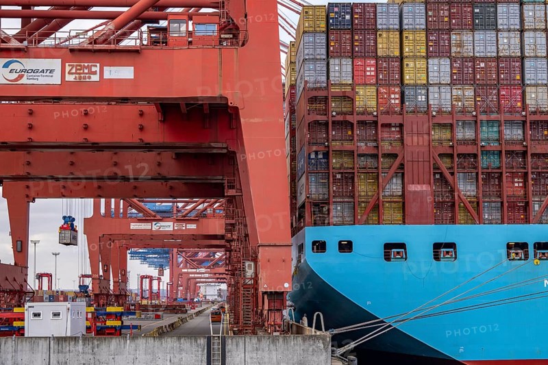 Magleby Maersk container freighter at EUROGATE Container Terminal, Waltershofer Hafen, one of the largest container ships in the world, capacity of 18, 270 TEU, Triple E class, Hamburg, Germany, Europe