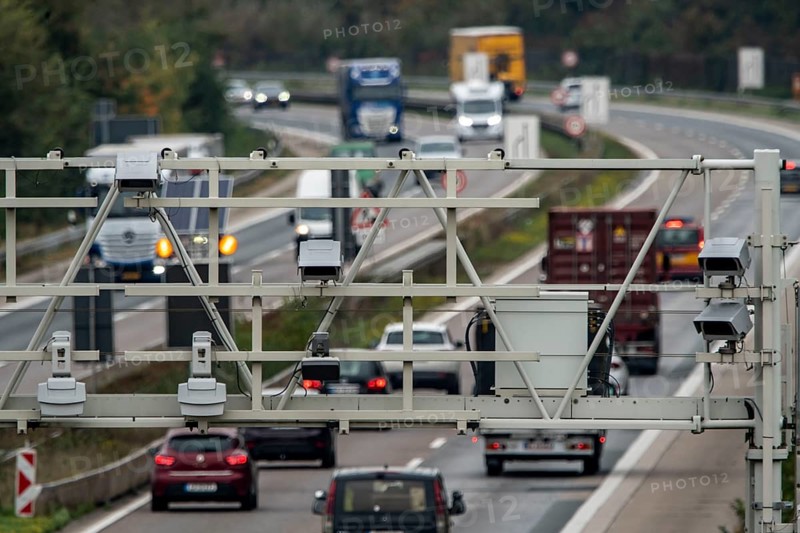Sensors on a toll bridge, for recording motorway tolls, on the A3 motorway near Hamminkeln, Lower Rhine, North Rhine-Westphalia, Germany, Europe