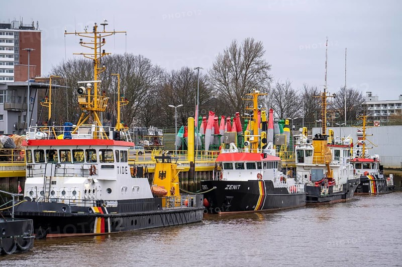 Bremerhaven buoy yard, where the navigation signs for the Outer Weser are maintained and deployed, belongs to the Weser-Jade-North Sea Waterways and Shipping Office, working and measuring vessels of the WSV, Federal Waterways and Shipping Administration, Bremen, Germany, Europe