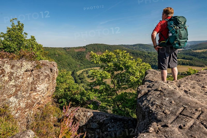 Eugenienstein, view into the Rur valley, landscape along the red sandstone route, in the Rureifel, near Nideggen, Düren district, North Rhine-Westphalia, Germany, Europe