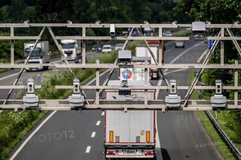 Sensors on a toll bridge, for recording motorway tolls, on the A43 motorway near Dülmen, Münsterland, North Rhine-Westphalia, Germany, Europe