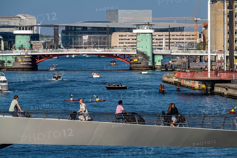 Cyclists on the Lille Langebro cycle and pedestrian bridge over the harbour, Copenhagen is considered the cycling capital of the world, 45% of the population travel by bike, Denmark, Europe