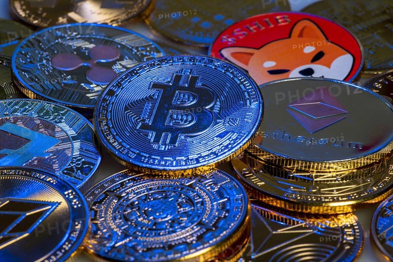 Various cryptocurrencies, symbol coins, optical placeholder for the digital currency, blockchain, Bitcoin, Ripple, Ethereum, Shiba Inu, Eos, Litecoin, Monero, Stellar, Adalevea, Qtum Blockchain, Tron, Maya