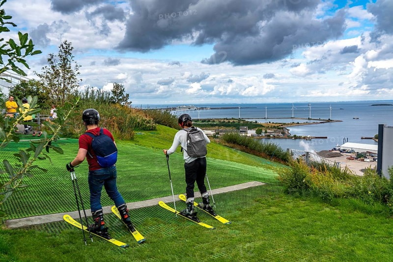 CopenHill, waste incineration plant and artificial ski slope, skiing with a view of the Øresund, 90 metres high and 400 metres long slope on artificial turf, Copenhagen, Denmark, Europe